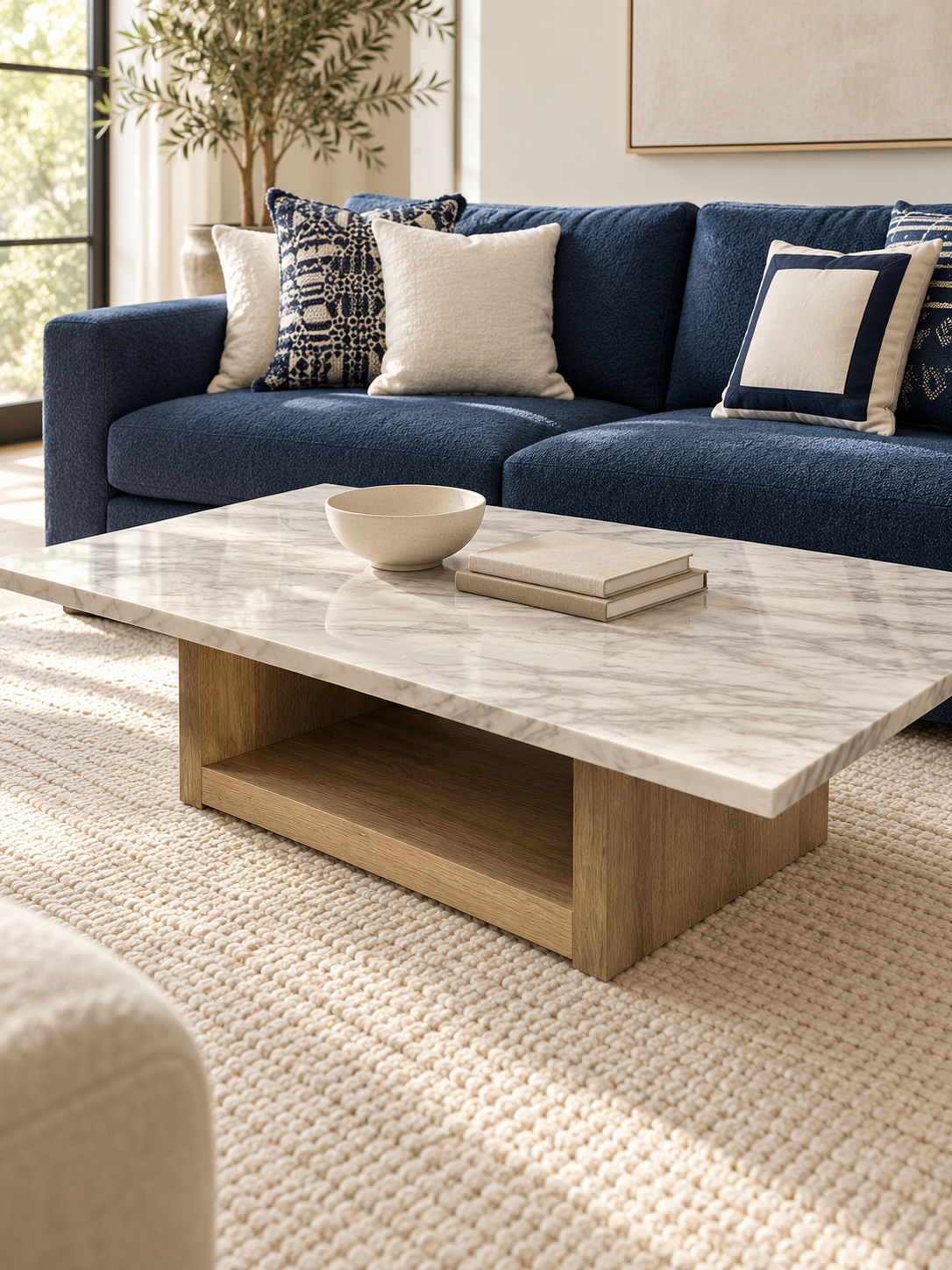 Styled navy sofa with a marble coffee table